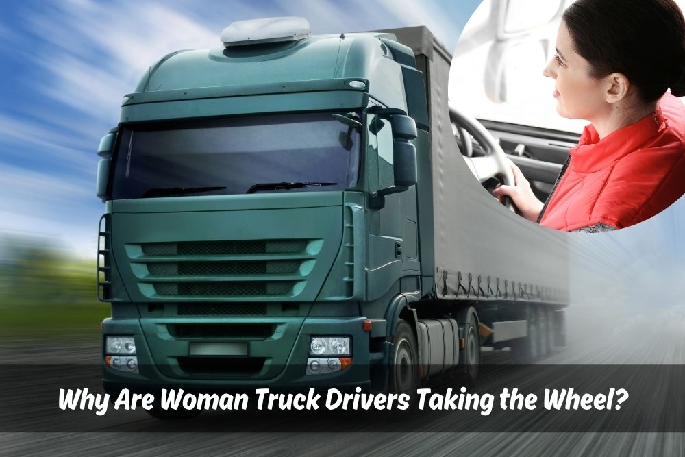 A woman truck driver with a determined expression sits confidently behind the wheel of her truck on a highway.