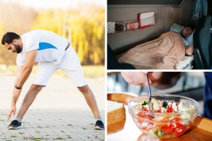 Collage showing healthy habits for truck drivers to avoid health issues. Left image: A young man in white athletic wear stretches outdoors. Top right image: A young man sleeps in a truck cabin bed. Bottom right image: A close-up of a hand holding a spoon, eating a fresh vegetable salad.