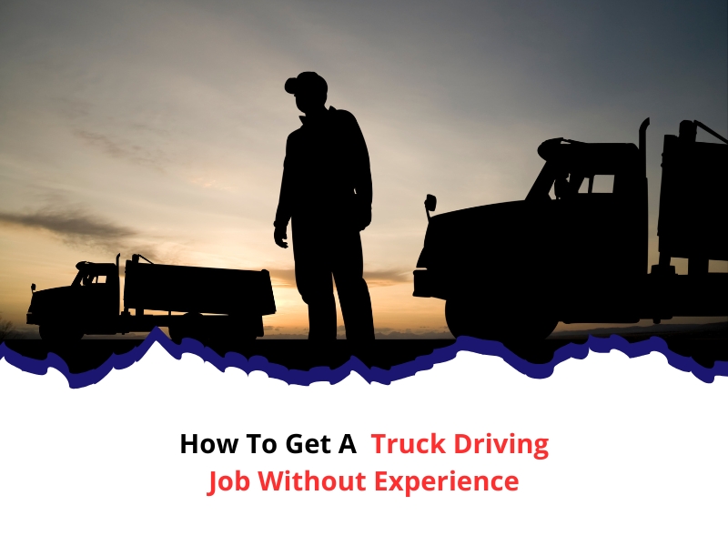 Silhouette of a man standing between two trucks at sunset, illustrating how to get a truck driving job with no experience.