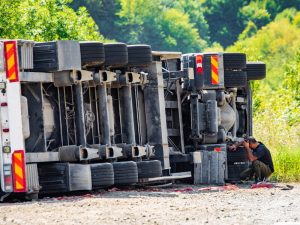 Overturned truck on the roadside highlights how poor driving history can impact safety and HR licence approval.