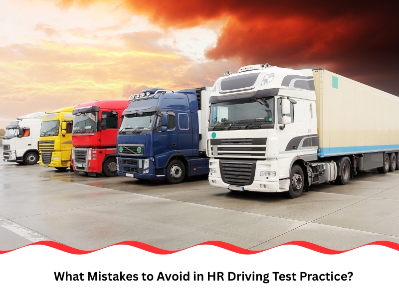 Row of heavy rigid trucks used in HR driving test practice at training facility.