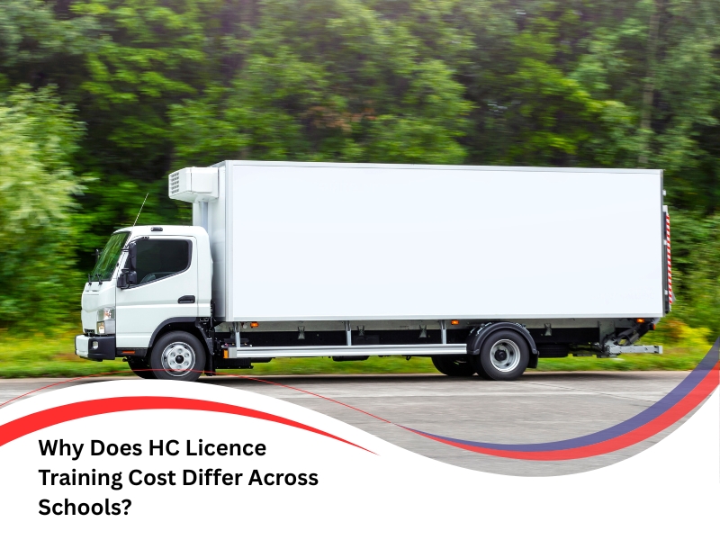 Refrigerated white box truck driving on road, highlighting HC licence training cost differences across schools.