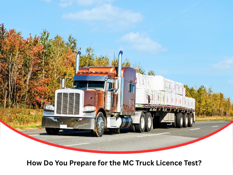 Large semi-truck driving on highway used for mc truck licence test preparation.