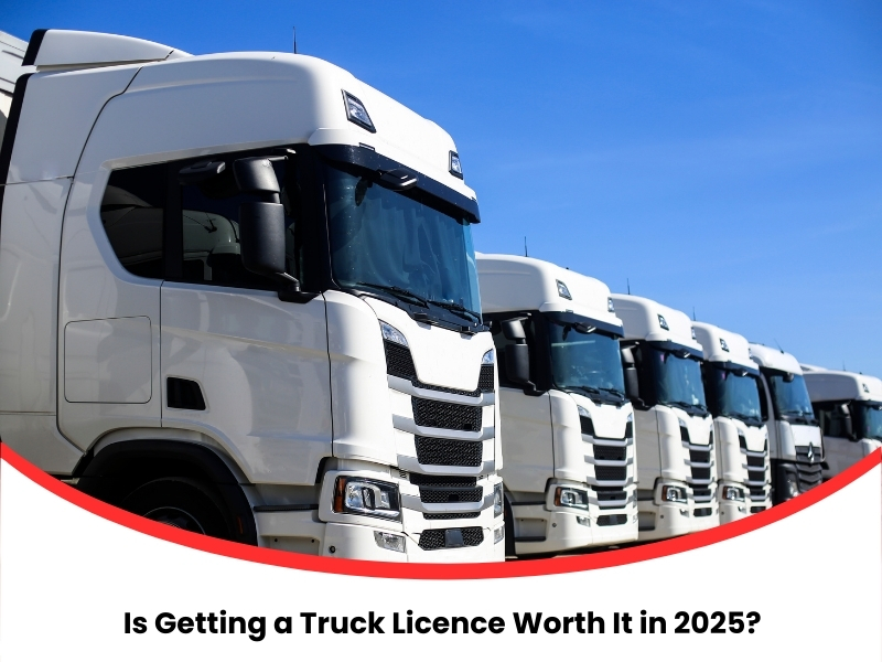 Fleet of white trucks representing career opportunities after getting a truck licence in 2025