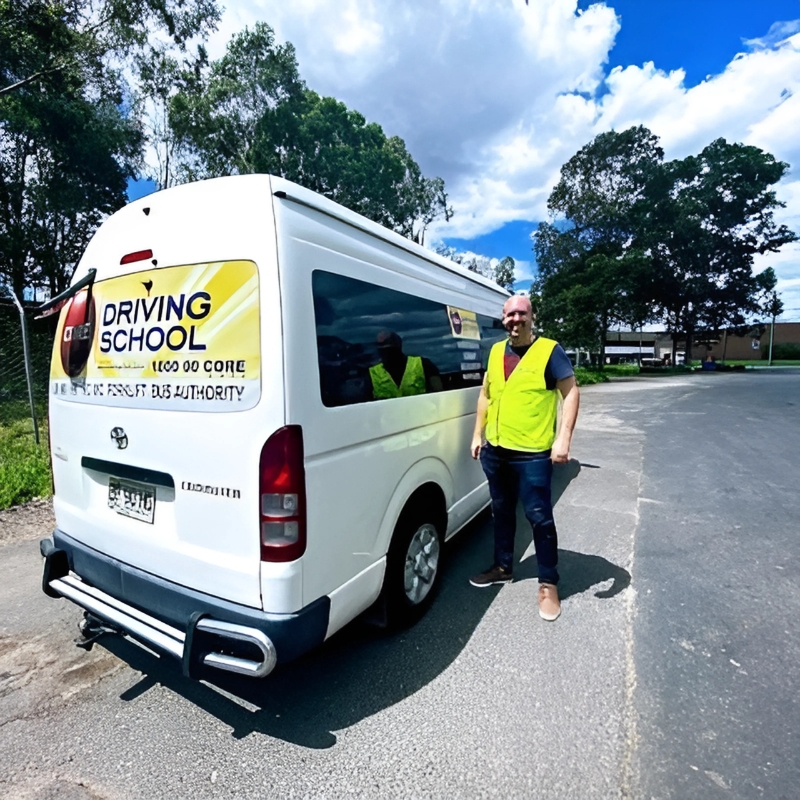 A Core Truck Driving School trainer standing beside a white training van, used for NSW LR licence courses.
