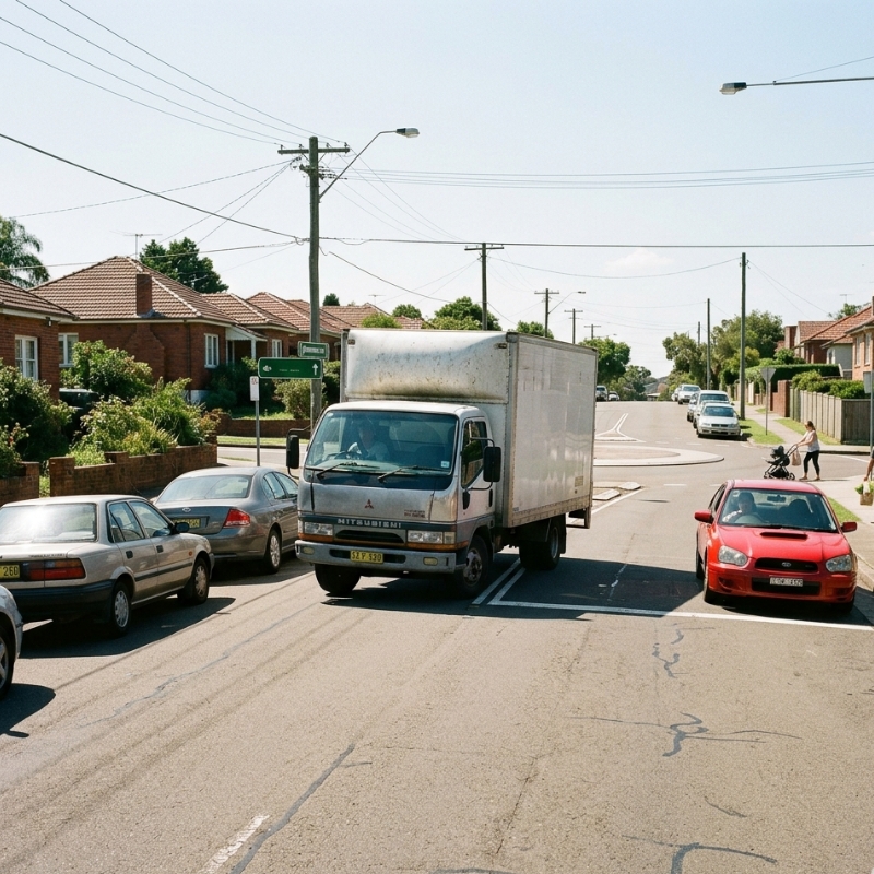 Small rigid truck making a wide turn on a suburban Sydney street with parked cars and blind spot risks.