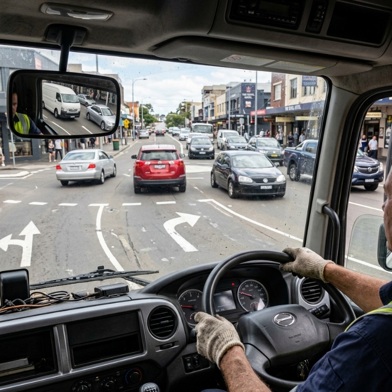 Learner driver maintaining safe lane position and mirror checks in a rigid truck during a Sydney driving assessment.
