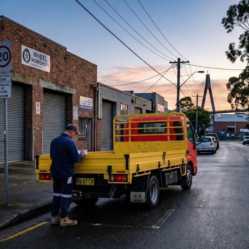 Driver performing a pre-start check on a light rigid work truck in Sydney, NSW.