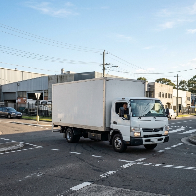 Medium rigid two-axle truck driving in an industrial area in Sydney NSW