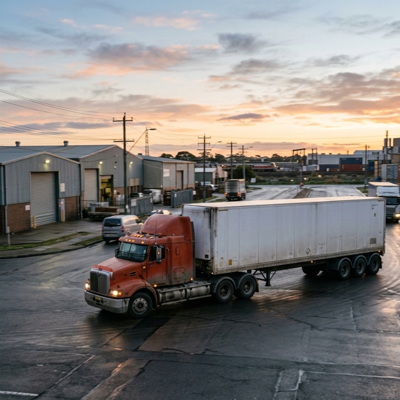 A prime mover with a semi-trailer negotiating a wide left turn in a Sydney industrial area at dawn, realistic documentary photo style, high detail, no logos, no readable signage