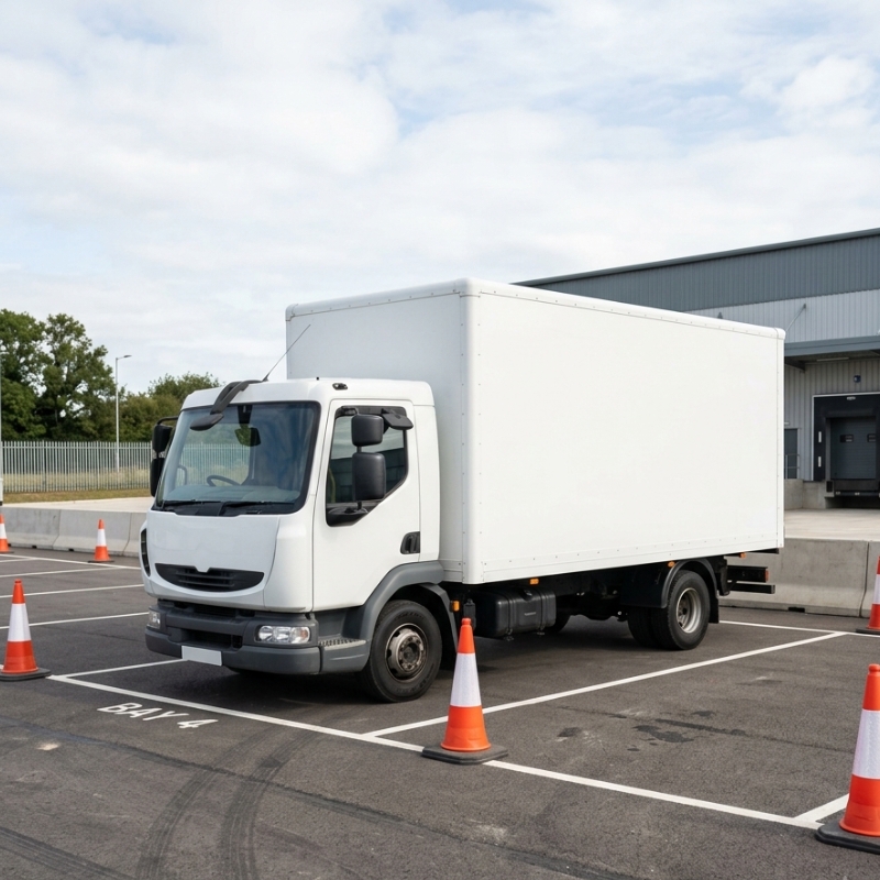 Light rigid truck parked in a driving practice area with cones showing vehicle size and manoeuvring space.