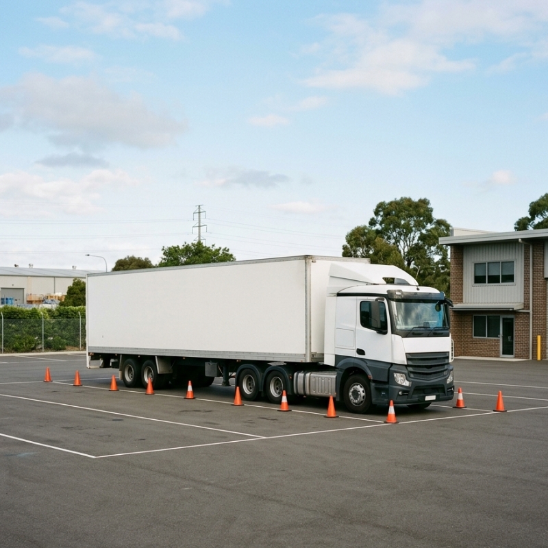 Heavy combination truck parked at a driver training facility for HC licence preparation in Sydney
