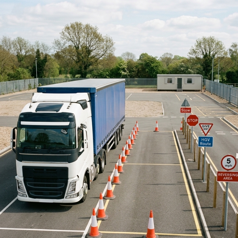 Modern truck driving school training yard with a heavy vehicle parked for licence training